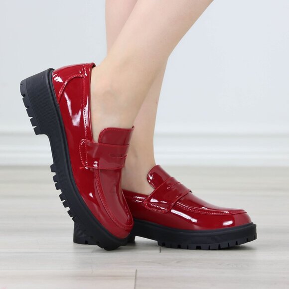 Womens Chunky Penny Loafer Lug Sole Slip On Platform Red Patent - Picture 2 of 16
